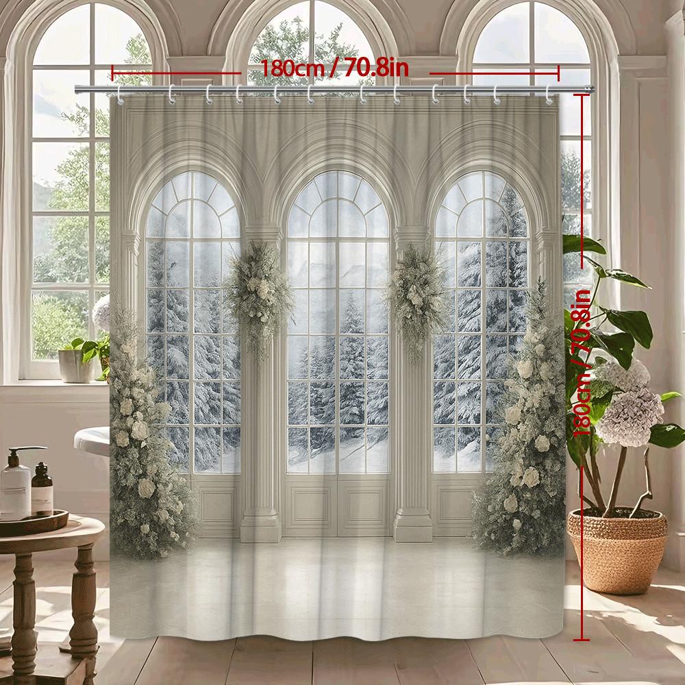 Winter Wonderland Shower Curtain Snowy Forest View Through Classical Arched Windows Elegant Home Decor Waterproof Elevate Space