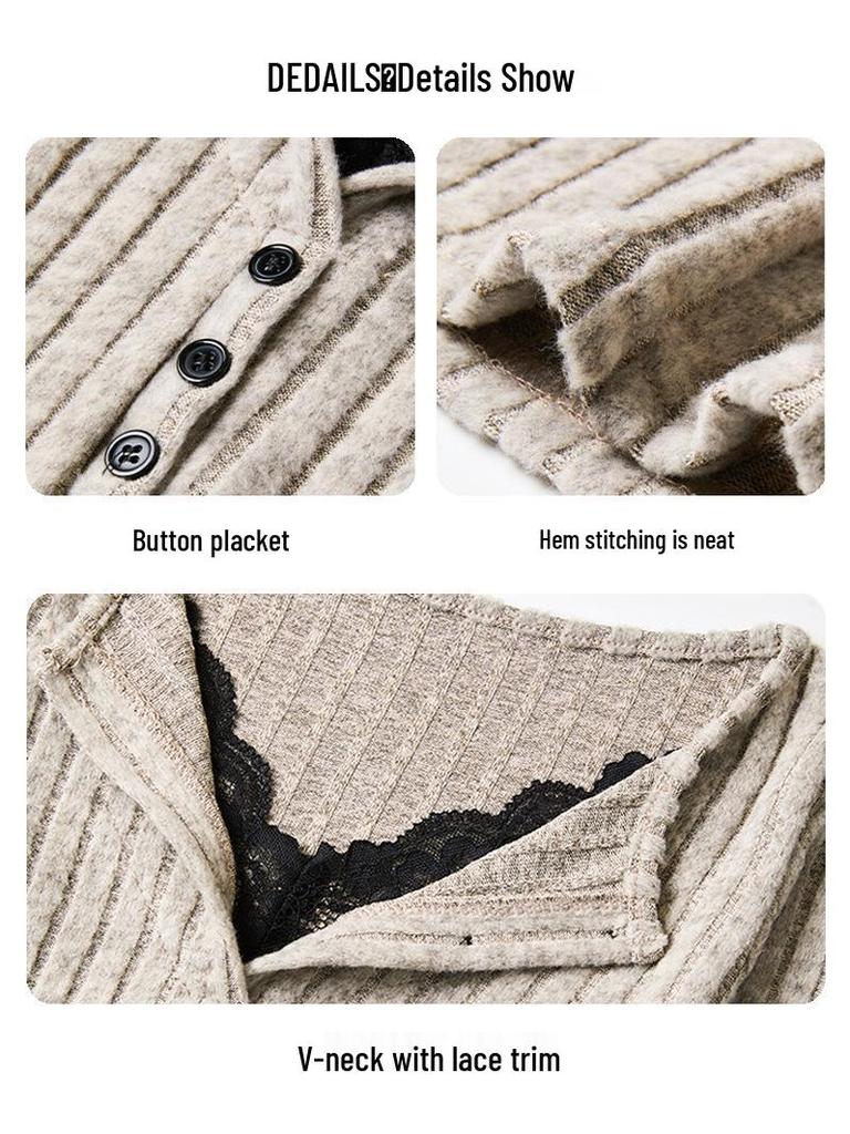 Damhöst-Vinter V-ringad Spetslagerstickad Topp - Smal Passform, Långärmad, Koreansk Stil