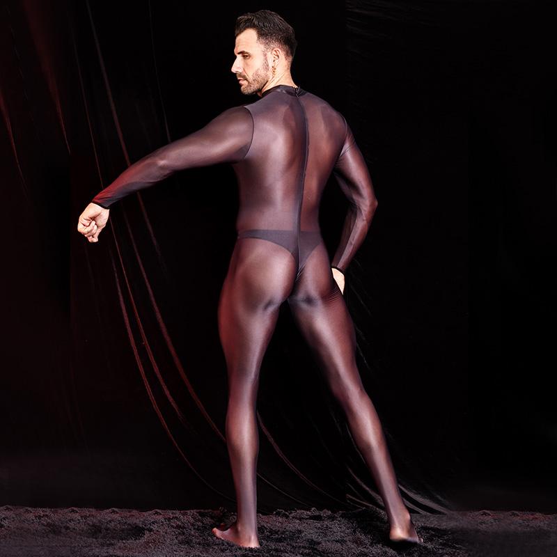 Tuta da uomo sexy, collant lucidi e lucidi, maniche lunghe, tute elastiche alte, body esotico, tuta sottile e trasparente, calze autoreggenti