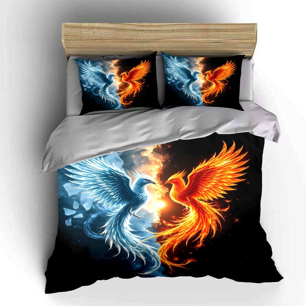 Feuer und Eis Phönix Kampf Bettwäsche Bettbezug Set (1*Bettbezug 2*Kissenbezüge, ohne Bettdecke)