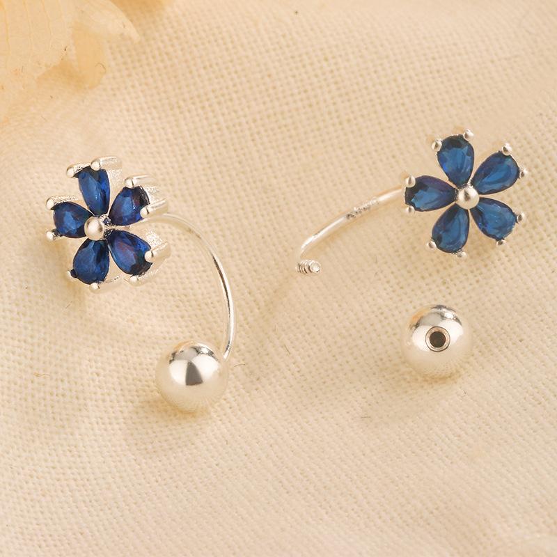 Blue Zircon Flower Curved Hook Earrings Elegant Niche High End Studs Fashion Jewelry