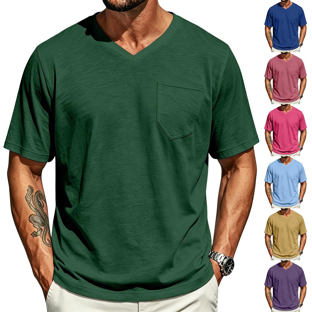 Herren Freizeit Hemd mit V-Ausschnitt, Leicht, Atmungsaktiv, Kurzen Ärmeln, Brusttasche, Weichem Stoff, Bequemer Passform, Sommer Top