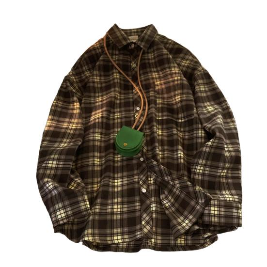 Frühlings- und Herbsthemd für Herren, Umlegekragen, karierter Druck, lockerer Button-Down-Stil, Retro-Stil, langärmeliges Streetwear-Oberteil im amerikanischen Stil für Reisen und den täglichen Gebrauch