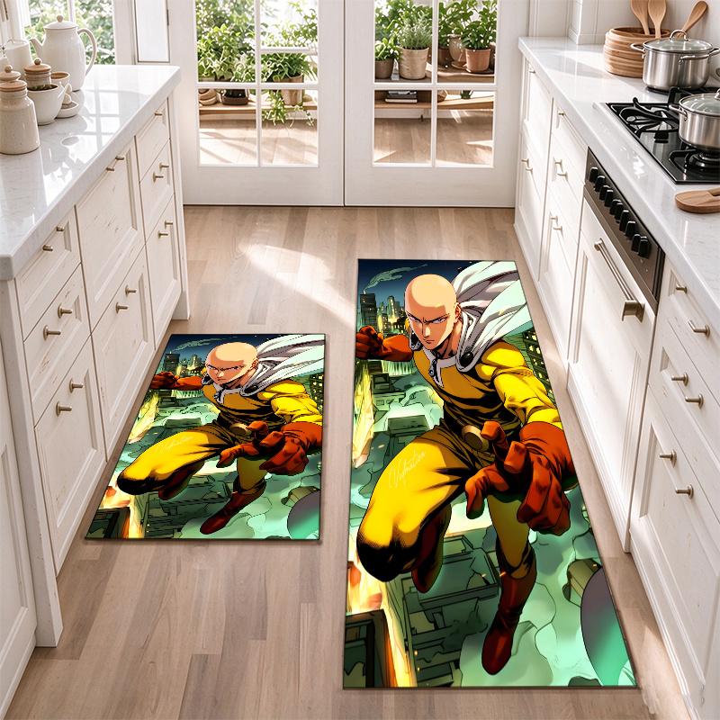 one punch man Flannel Kitchen Floor Mat – Non-Slip, Absorbent and Easy to Clean Suitable for Kitchens, Entryways Bedroomsand Bathrooms