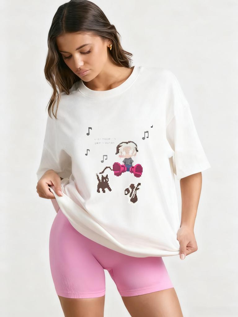 Oversized T Shirt Black Pixel Art Cartoon Character Music Notes Keep True To One Dream Print Casual Streetwear Women's Top
