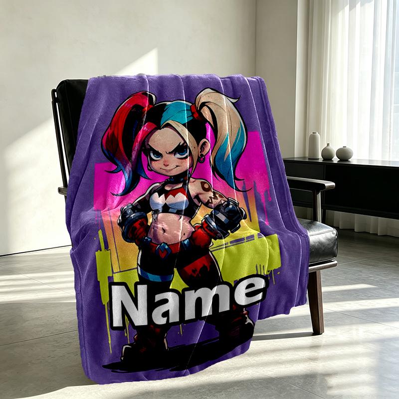 Custom Name Personalized Harley Quinn Joker Print Blanket, Home Decor, Bedroom, Sofa, Camping, Couch, Gifts for Birthday Christmas