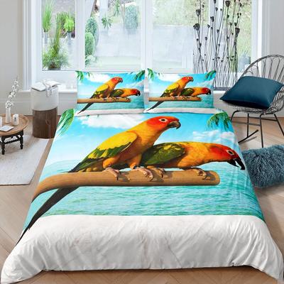 Parrot King Queen Copripiumino Set Letto Piumato Colorato Alberi della Pioggia Uccello Copripiumino Montagna al Tramonto Naturale Copripiumino