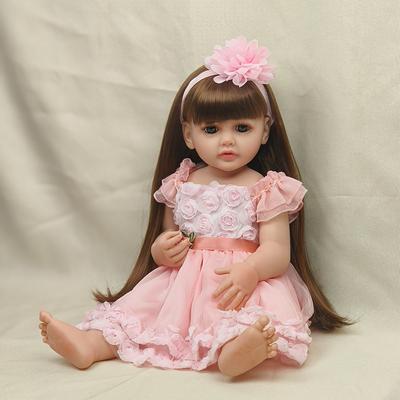 22 Zoll Reborn Puppe Spielzeug Lebensechte Reborn Baby Mädchen Puppe Weiches Silikon Lange Braune Haare Realistische Prinzessin Kleinkind Bebe Geburtstagsgeschenk