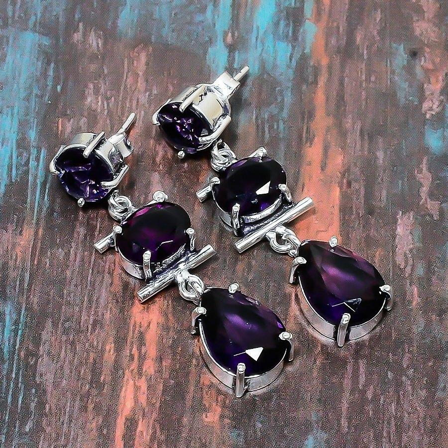 Hübscher handgefertigter Schmuckohrring aus massivem 925er-Sterlingsilber mit Amethyst-Edelstein
