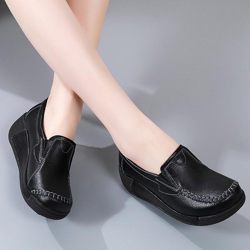 Fashion Platform Shoes Genuine Leather Wedge Heels Casual Shoes Slip-on Loafers Daily Walking Shoes