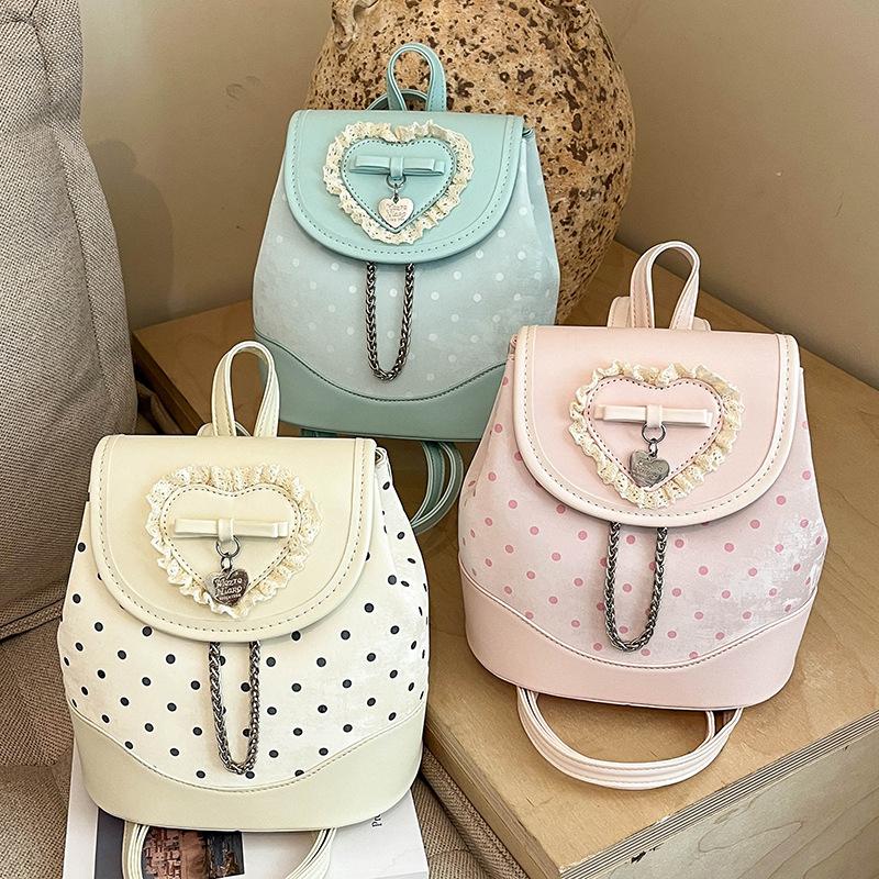 Schoolbag Korean lace bow backpack women's 1011 summer new sweet student schoolbag foreign style polka dot backpack