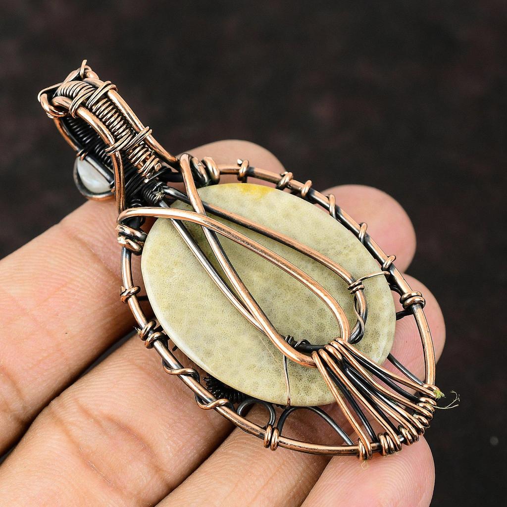 Evil Eye Fossil Coral Gemstone Copper Wrapped Pendant Rainbow Moonstone Handmade Pendant Evil Eye Jewelry Wire Wrapped Jewelry Gift For Her