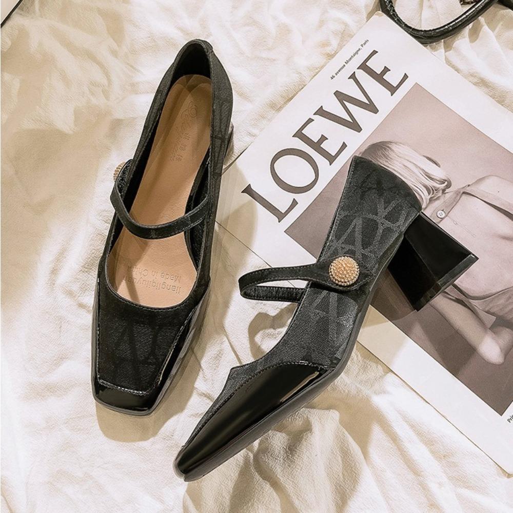 Módní boty na vysokém podpatku s hranatou špičkou a jedním páskem Dámské 2025 Nové silný podpatek plus velikost Dámská obuv Francouzské lodičky