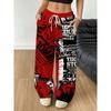 Autumn red and black newspaper graffiti text full of women's drawstring elastic waist trousers