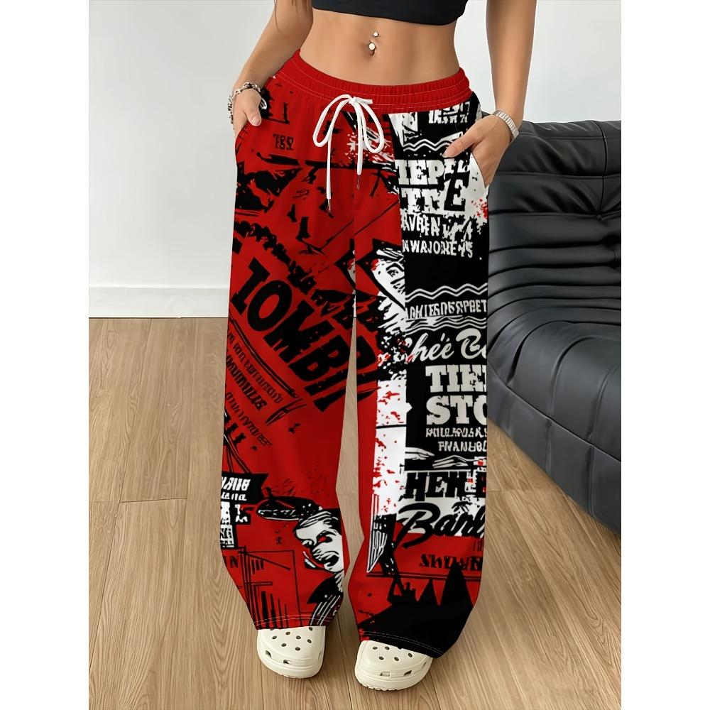 Autumn red and black newspaper graffiti text full of women's drawstring elastic waist trousers