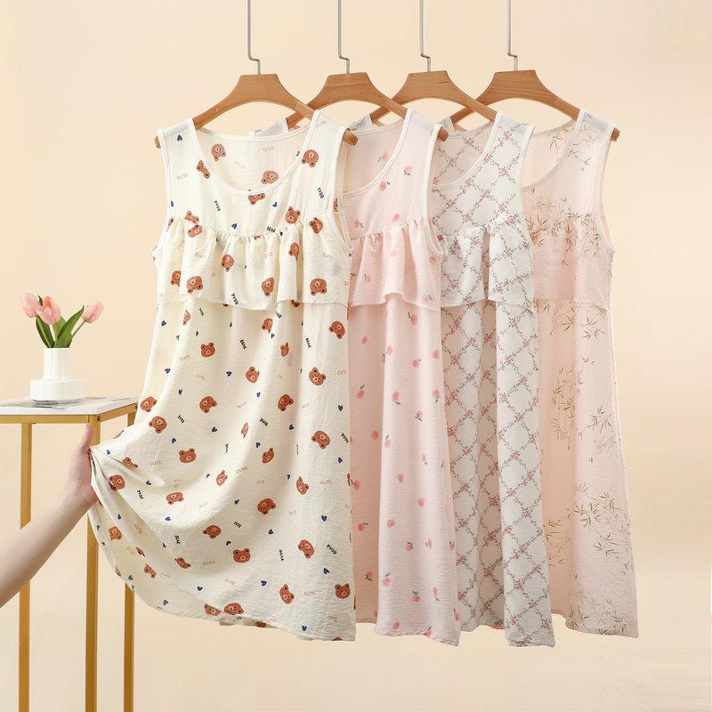 Summer Women's Floral Tank Dress Sleeveless Sleepdress Cloud Silk Cotton Anti-Bulge Camis Nightdress Loose Plus Size Loungewear Casual Wear Nightgown