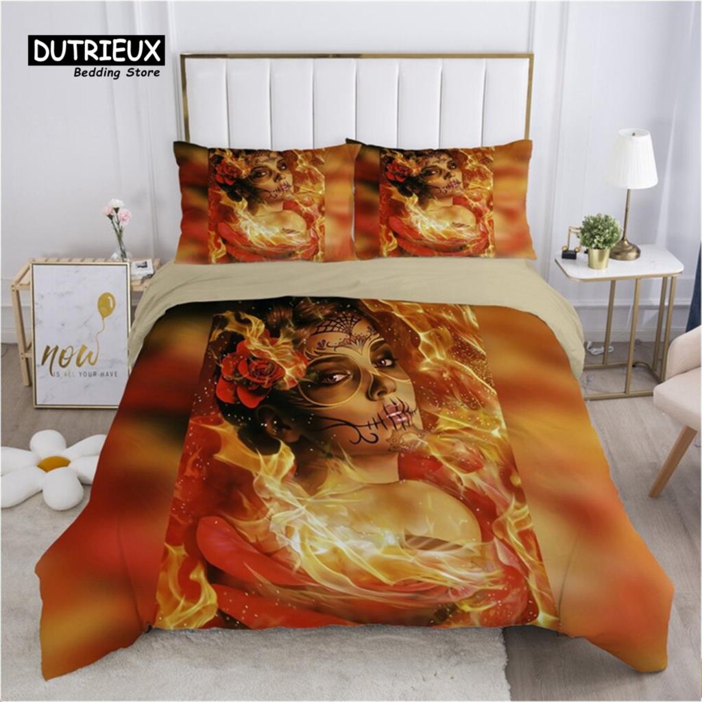 Sugar Skull Duvet Cover Gothic Skull Skeleton Bedding Set Horror Theme Comforter Cover Full King For Teens Adults Bedroom Decor