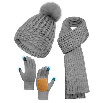 Set de căciulă și eșarfă de iarnă pentru femei, căciulă termică cu căptușeală din fleece și pompon, eșarfă lungă tricotată, mănuși antiderapante pentru ecran tactil
