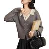Gray fake two-piece sweater women's autumn and winter new small beaded lapel long-sleeved knitted sweater top