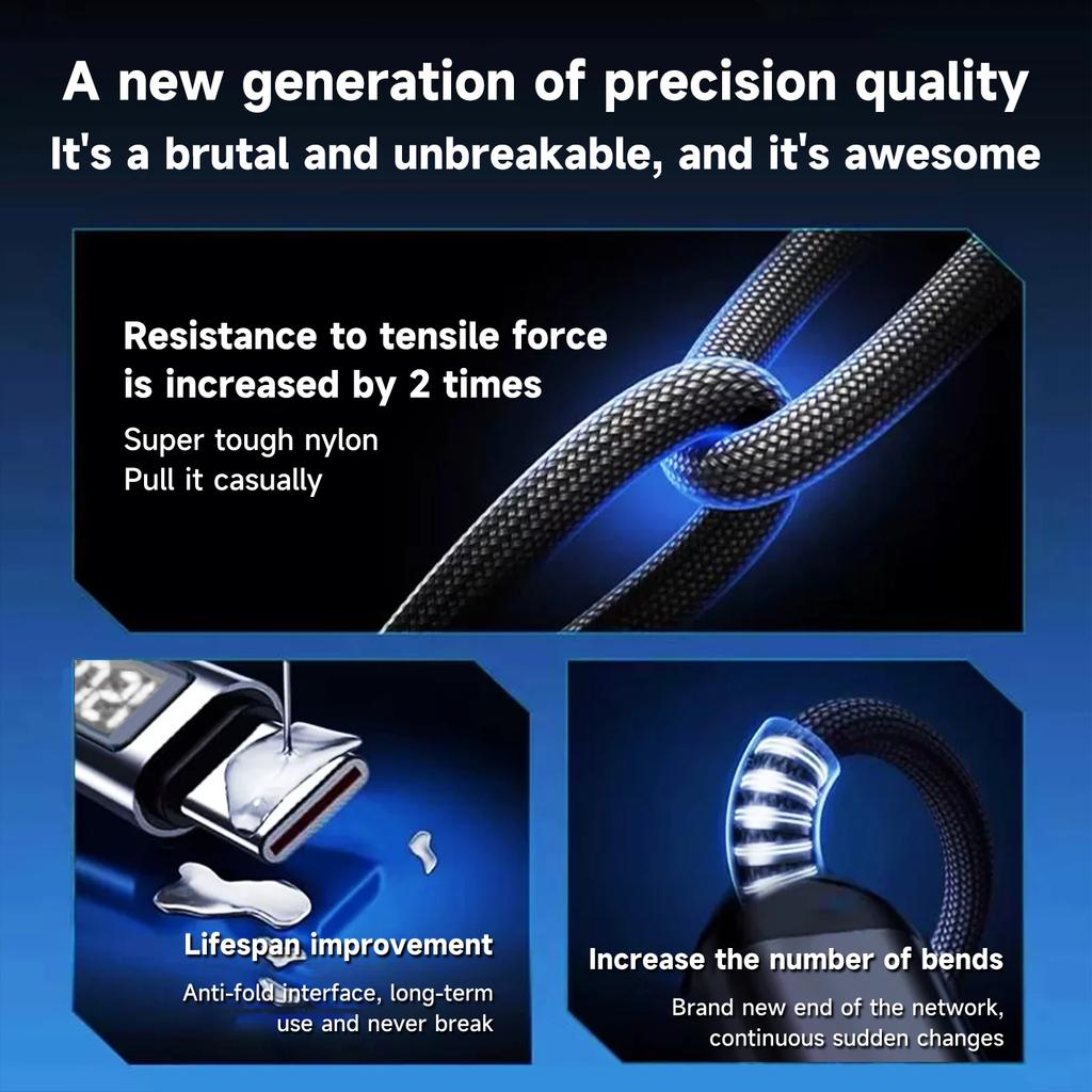 Digital Display Type C Cable 240W Super Fast Charging Cord Sturdy Nylon Braided USB-C Type-C Data Line for IPhone Samsung Xiaomi