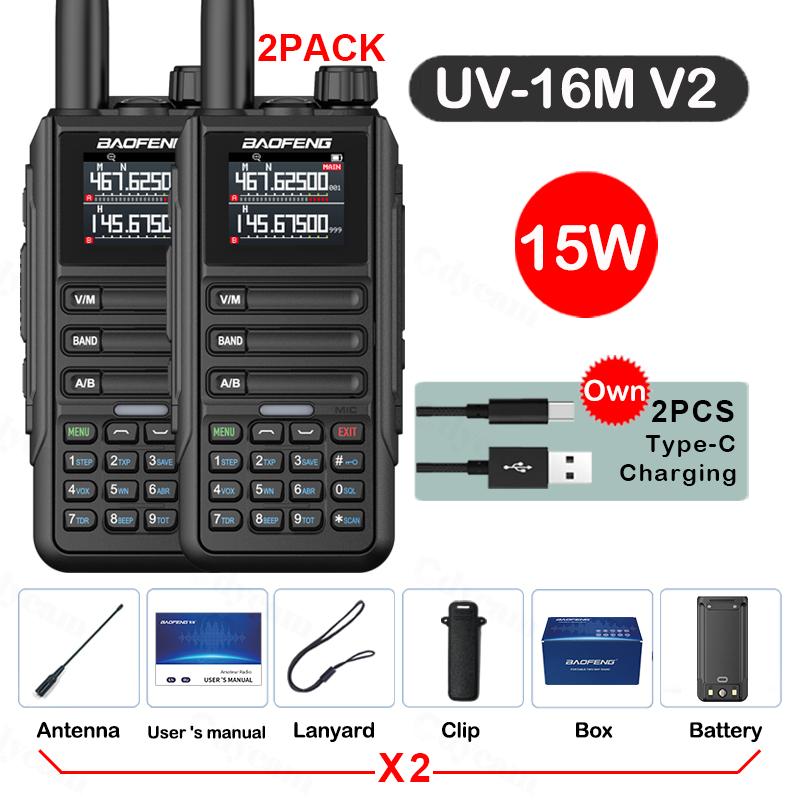 2 Pak Baofeng 15W 50KM Waterdichte Walkie Talkie 999CH AM FM Tweeweg Radio Volledig Band LCD Scherm Frequentie Kopie Ruis Vermindering UV16M USB Plug