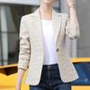 Blazer Femme Imprimé Carreaux Couleur Contrastante Col Revers Cardigan Manches Longues Chaud Manteau d'Automne Anti-froissement pour le Travail