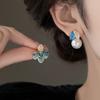 2025 Exquisite Asymmetric Crystal Leaf Stud Earrings for Women Girls Elegant Blue Drip Oil Pearl Earrings Fashion Jewelry Gifts