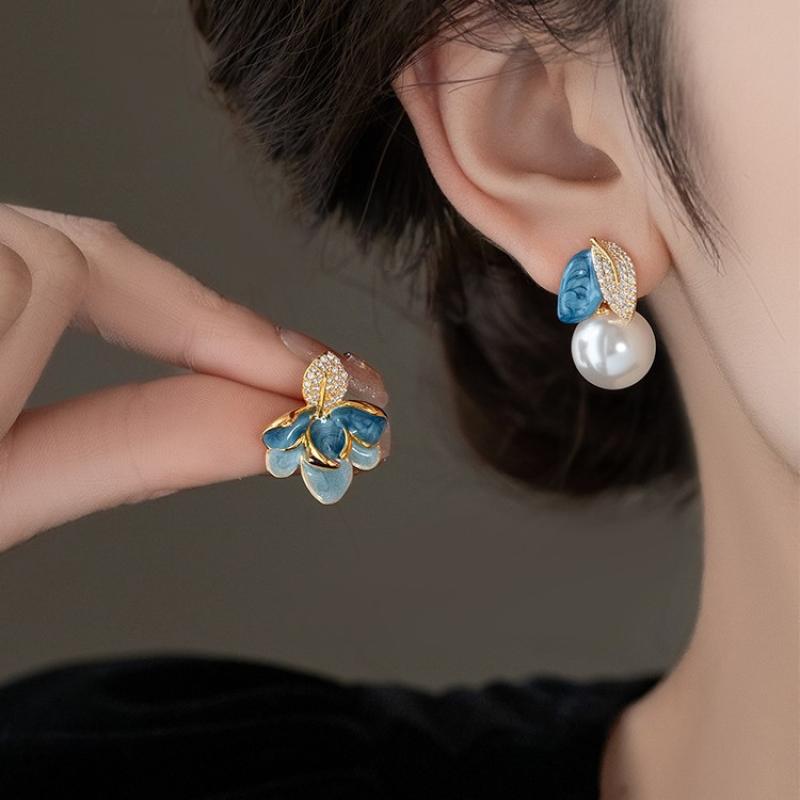 2025 Exquisite Asymmetric Crystal Leaf Stud Earrings for Women Girls Elegant Blue Drip Oil Pearl Earrings Fashion Jewelry Gifts