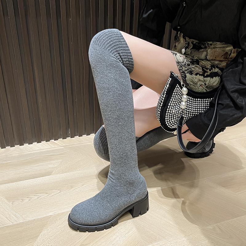 Fashion Sexy High Sock Boots Women Winter New Fashion Over The Knee Warm Botas Mujer Suede Lace Up Pumps Shoes High Heels Boots