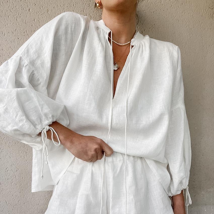 Stylish Cotton Linen V-Neck Lantern Sleeve Shorts Two-Piece Set