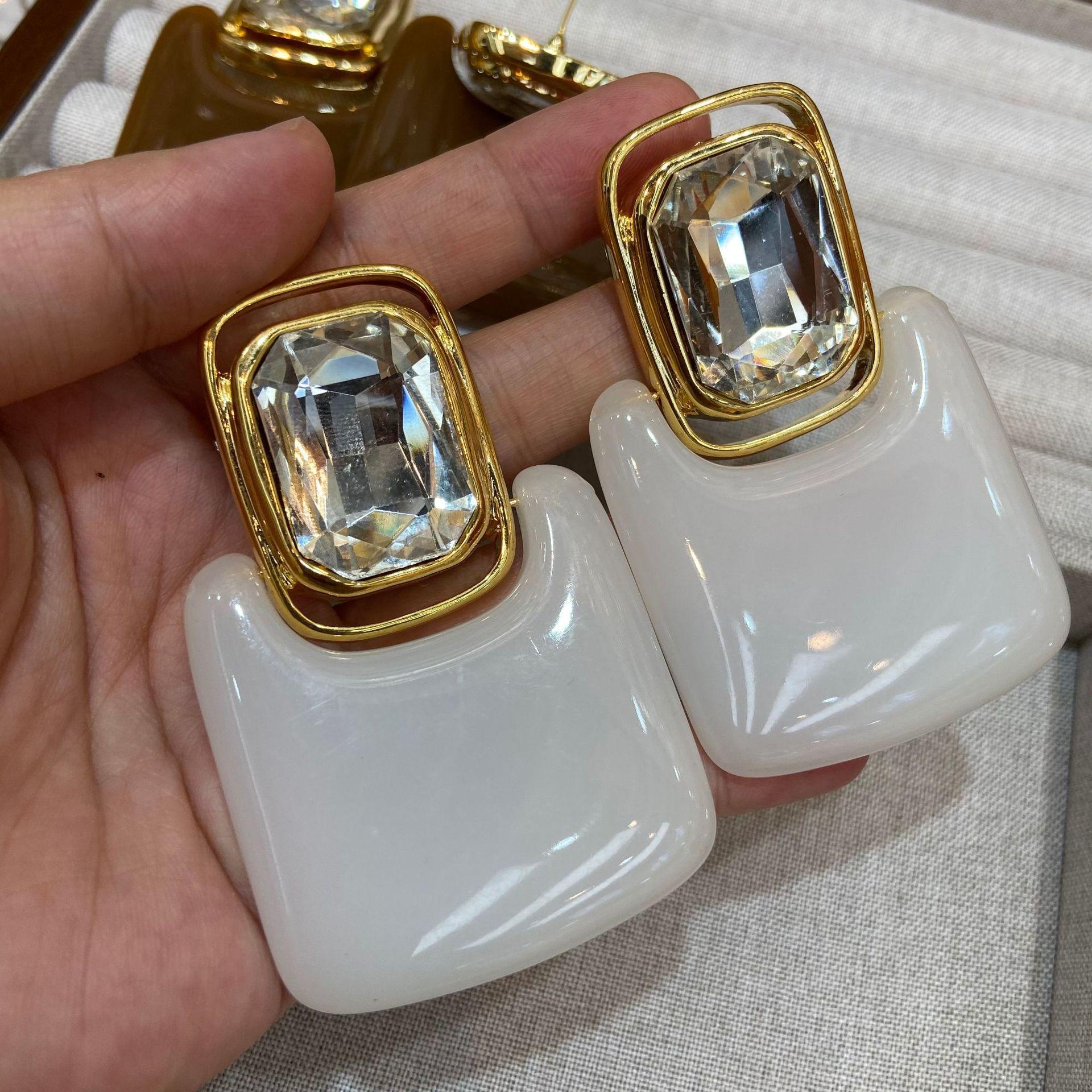 Naza Same Earrings Geometric Square Acrylic Earrings Resin Exaggerated Metal Gemstone Retro Stud Earrings Women
