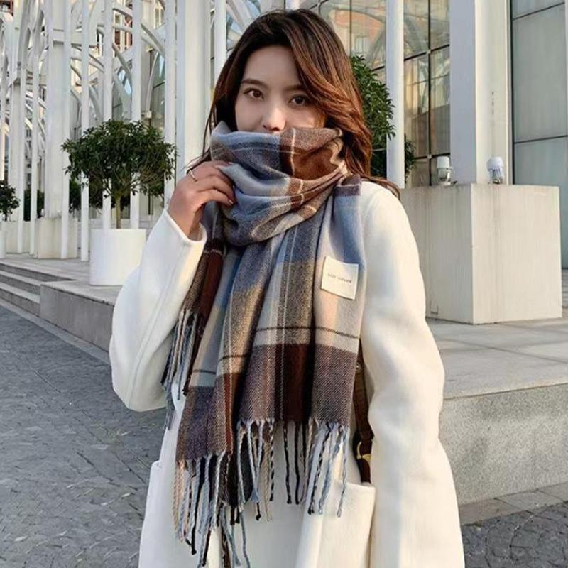 Checkered Printed Thick Women'S Shawl Paired With Tassel Shawl Casual Scarf