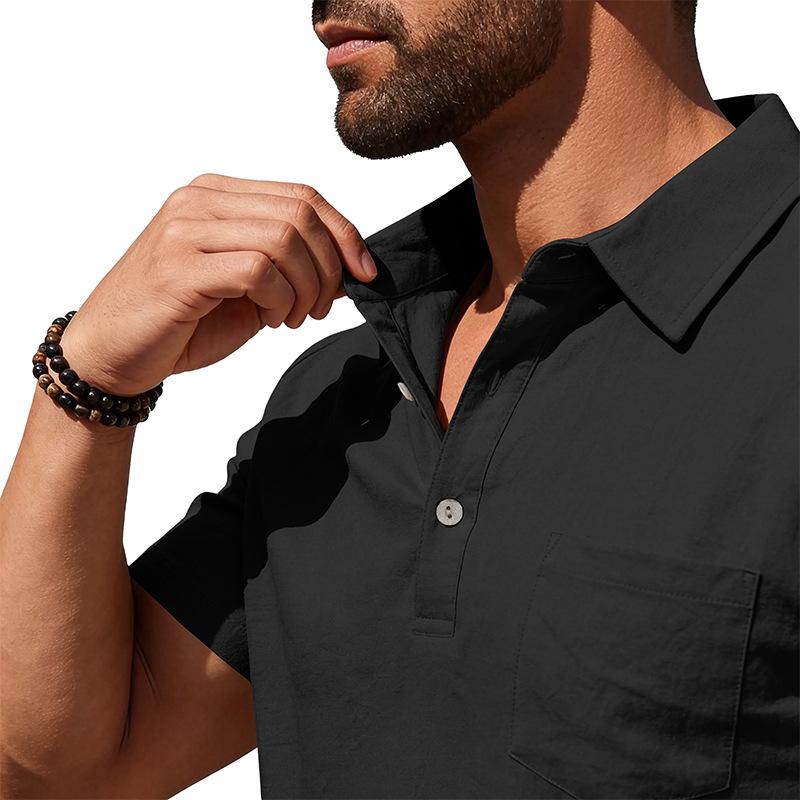 Men Loose Casual Short Sleeve Linen Blend Polo Shirt For Daily Beach Wear