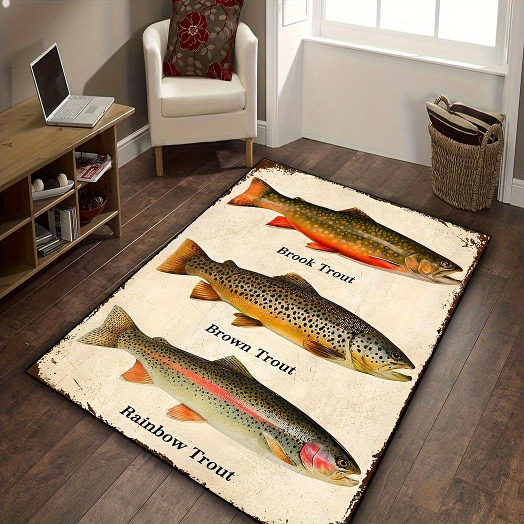 

Vintage Trout Fishing Rug, Brown Rainbow Brook Fish Pattern Carpet, Non-Slip Lodge Decor Floor Mat for Cabin Living Room 50x80cm