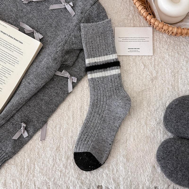 Grey Wool Socks, Autumn and Winter Socks, Women's Mid-calf Socks, Boneless Socks, Warm Thickened Striped Pile-up Long Socks