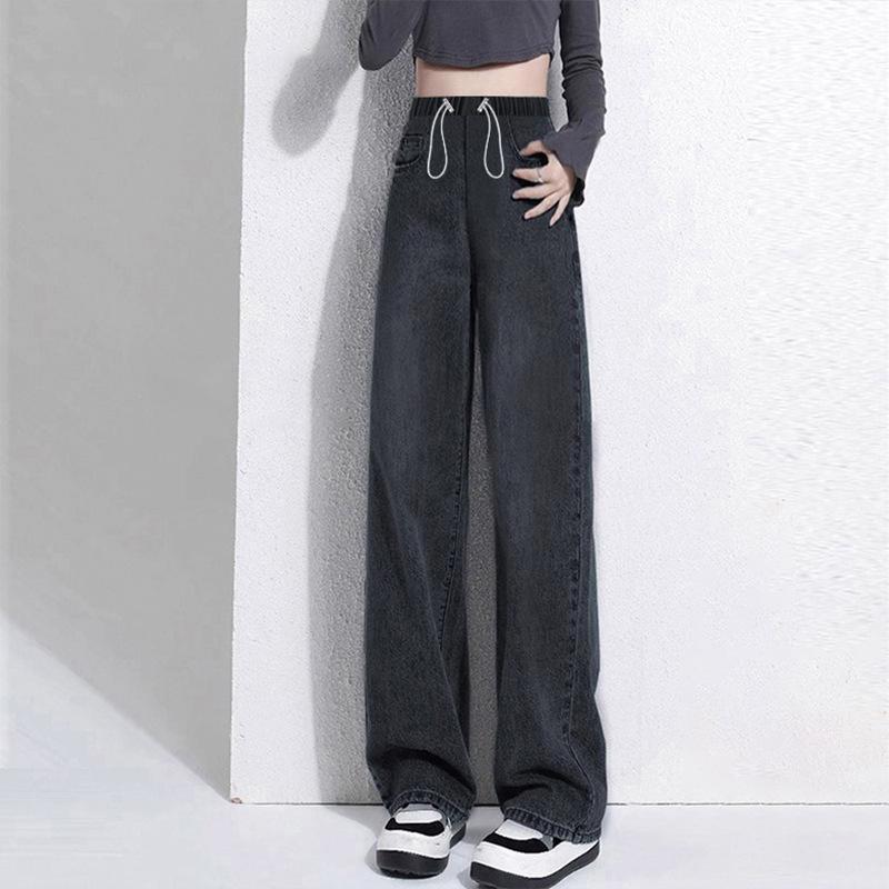 Maternity Wide-Leg Denim Pants with Front Drawstring and Pockets - Spring/Autumn Style, Loose Fit XL