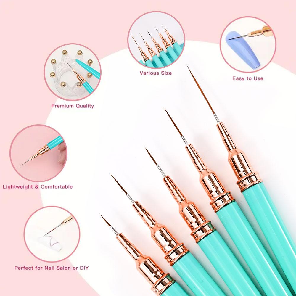 5Pcs 7/9/11/15/25MM Nail Liner Brush Set UV Gel Nail Brushes Kits French Stripe Line Painting Drawing Flower Pen Manicure Tools