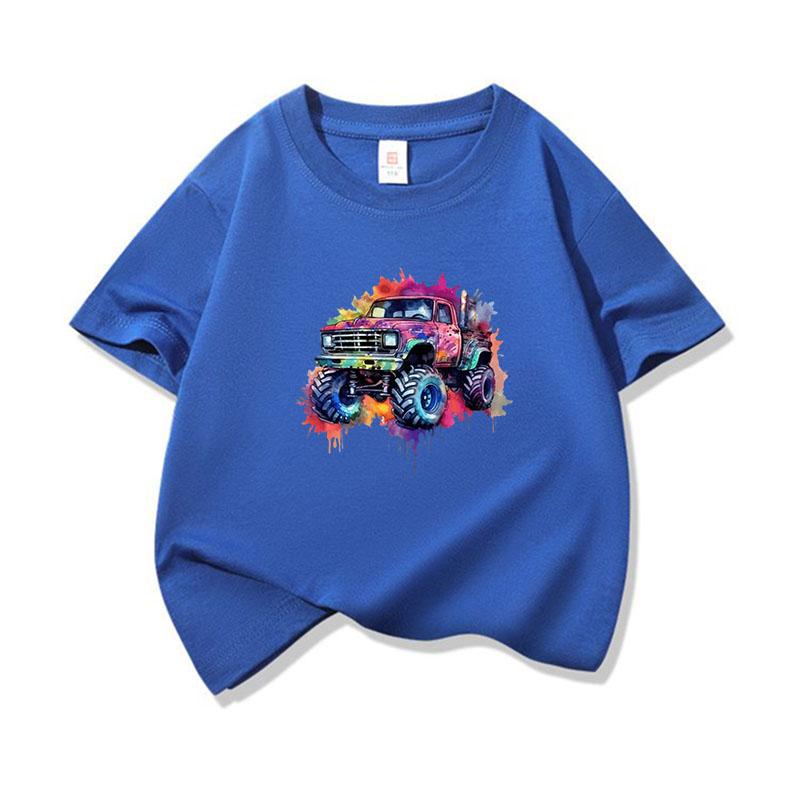 Kids Cotton T Shirt Cute Doodle Offroad Vehicle Print Crew Neck Short Sleeve Tee Casual Boys Girls Summer Tops