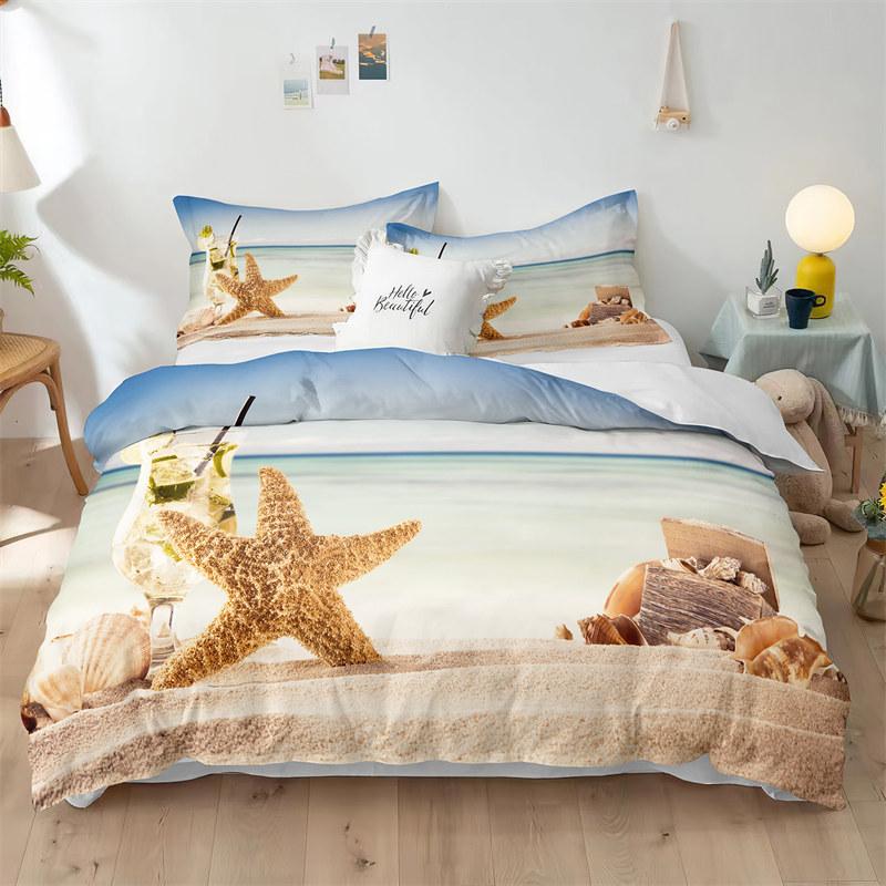 Beach Theme Duvet Cover Set Blue Ocean Bedding Set King Queen For Kids Girls Microfiber Seashell Starfish Print Comforter Cover
