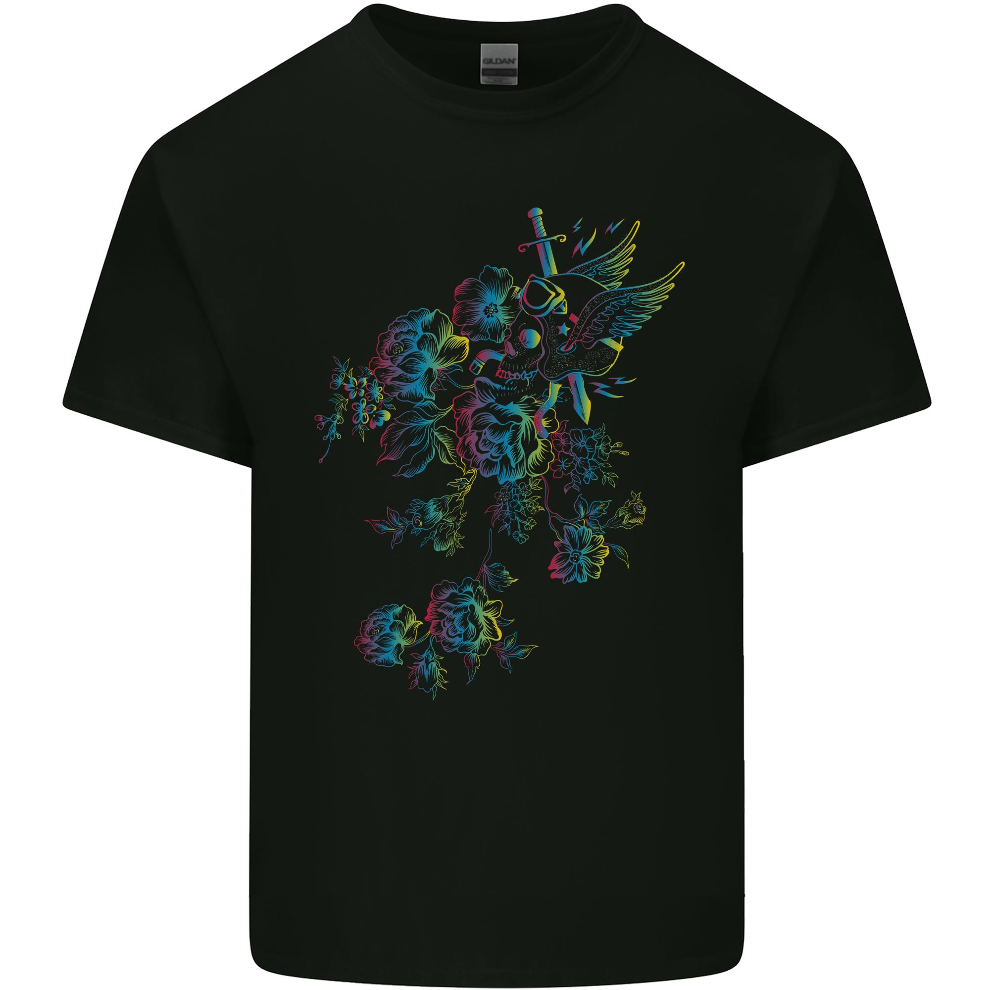A Winged Skull With Flowers Unisexs Light Cotton TShirt S