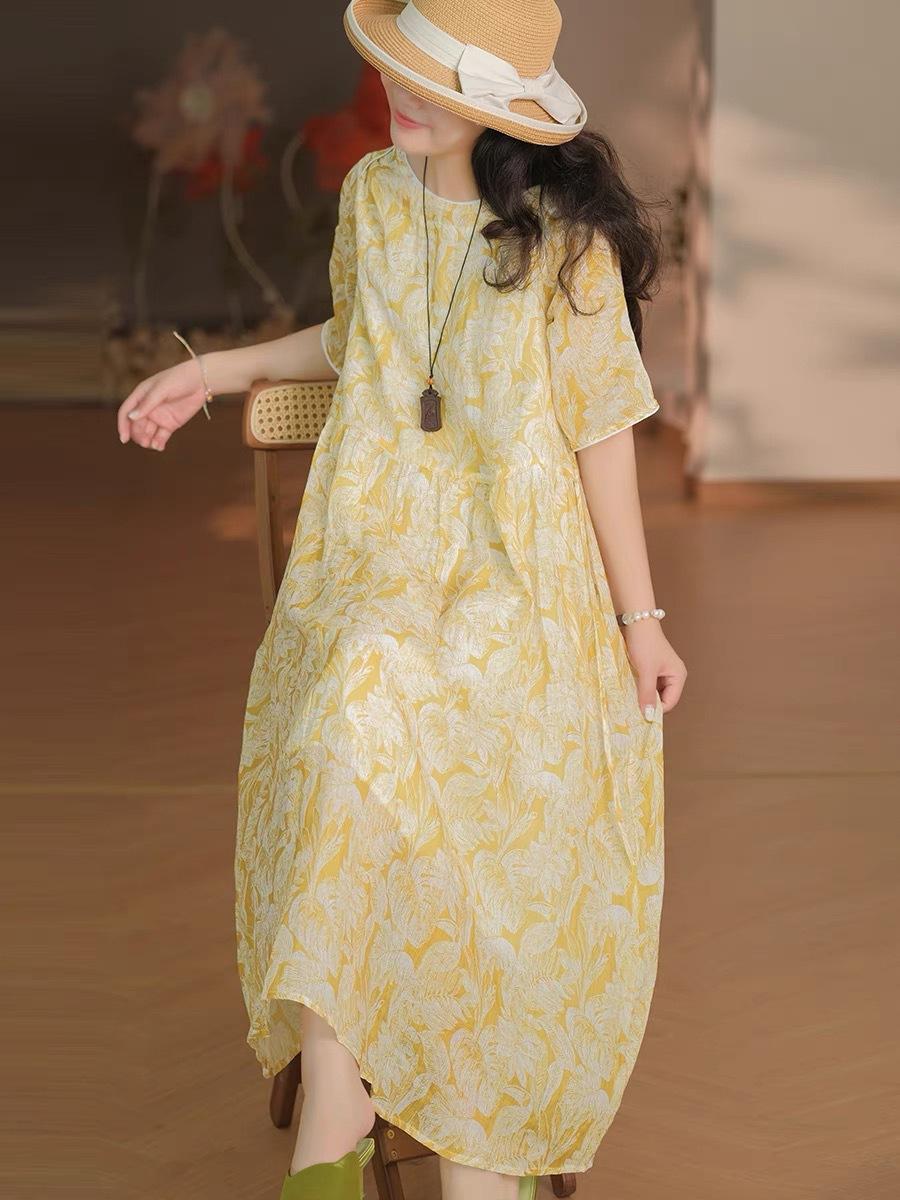 

Платье на подкладке из хлопка и льна с принтом для женщин, лето 2025, новое свободное длинное платье с круглым вырезом и короткими рукавами M жёлтый