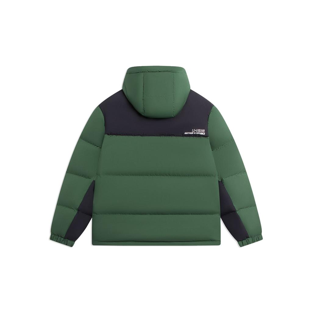 Li Ning Sports Lifestyle Series Color Block Casual Detachable Hooded Down Jacket Winter Unisex Jacket Pasture-Green AYMS379-5