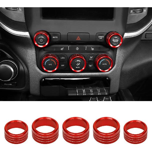 RT-TCZ Center Control AC Radio Switch Knob Cover Volume Tune Switch Knob Button Cover Trim Ring Aluminium Alloy Interior Accessories for Dodge RAM
