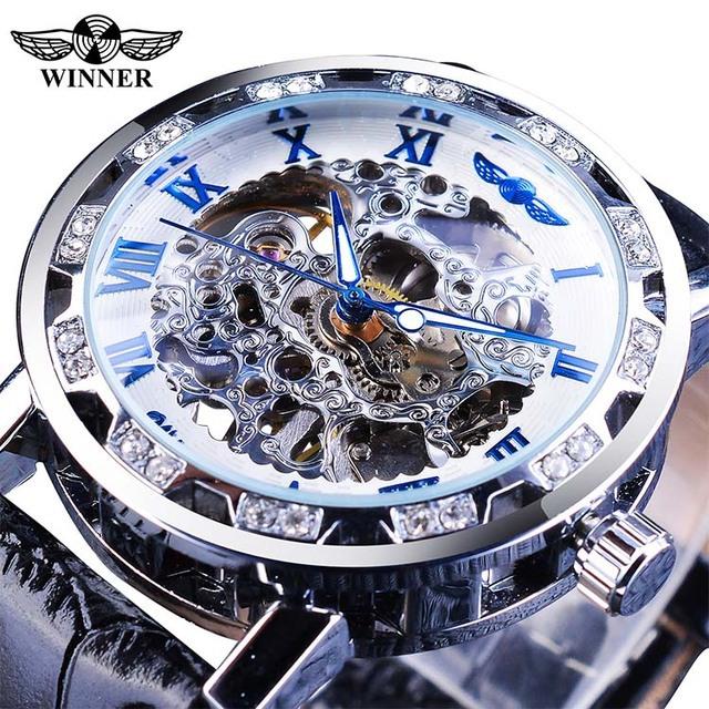 Winner Fashion Diamond Dial Men's Mechanical Watch Skeleton Watch Black Gold Retro Luminous Pointer PU Belt Mesh Belt Steel Belt