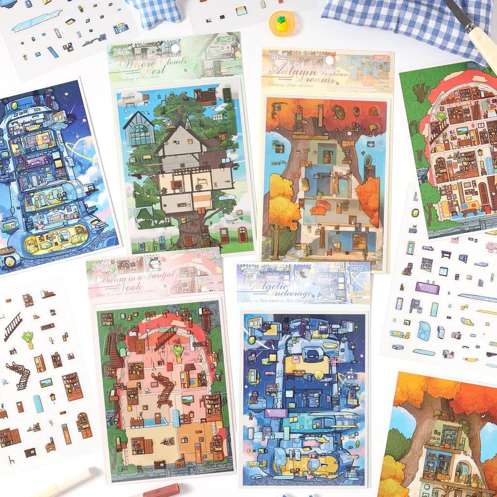 ZABC PET Scene Stickers: Dream Weaving Light Series - 3 Sheets for Journal & DIY Scenery Collage.