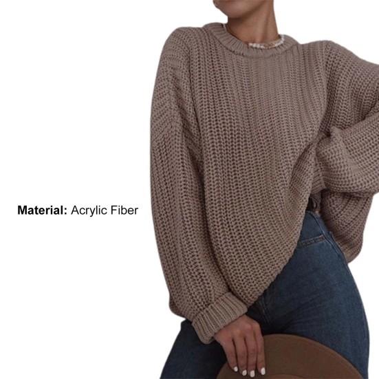 O-Neck Long Sleeve Knitted Sweater Ribbed Edge Solid Color Coarse Yarn Women Sweater Female Clothing