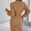 Autumn Winter Women's V-neck Sweater Dress Solid Color Hollow-out Lantern Sleeves Knitted Bodycon Dress