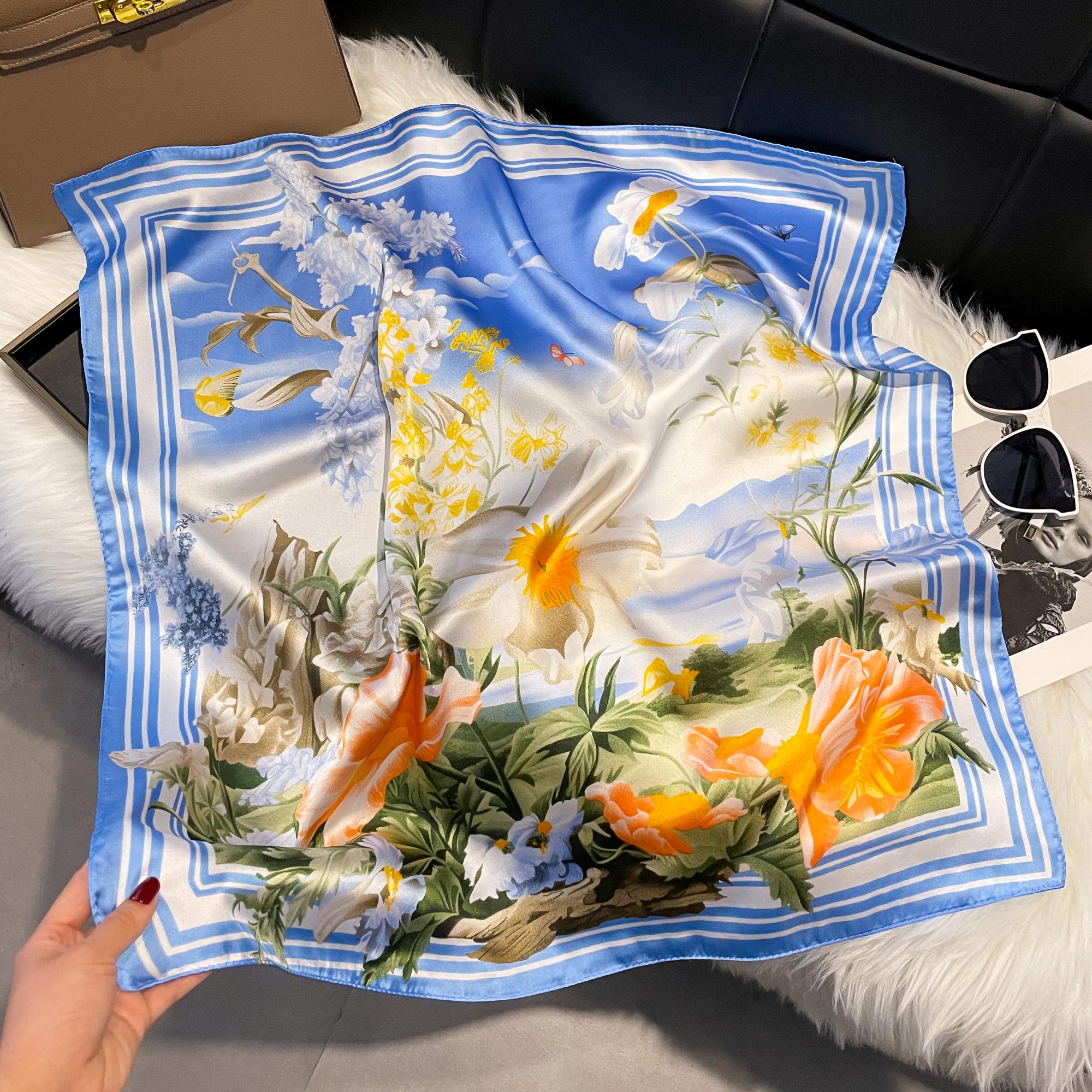 

NEW Flower Silk Square Scarf Women Satin Shawl Wrap Hijab Female Hair Band Wrist Luxury Headkerchief 70*70cm Echarpe Bandana королівський синій колір