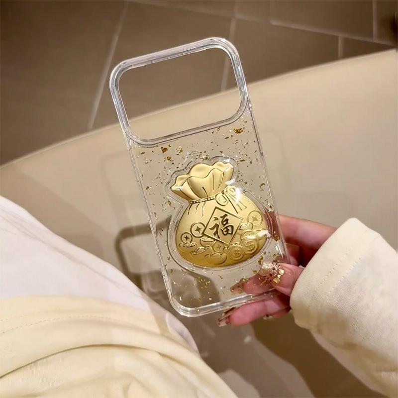 Gold Foil Three-dimensional Lucky Bag Mobile Phone Case New Year Model for IPhone16promax Transparent National Trend for Apple 17Air