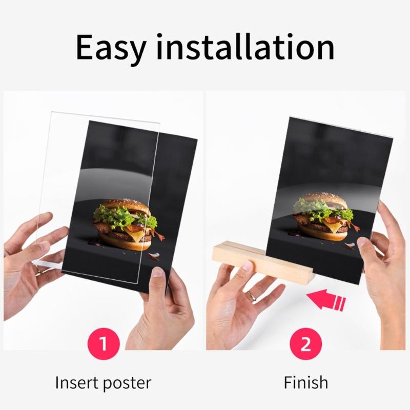 2Pcs Clear Acrylic Poster Display Stand with Wood Base Vertical Sign Holder Counter Acrylic Sign Holder for Cafe Bakery